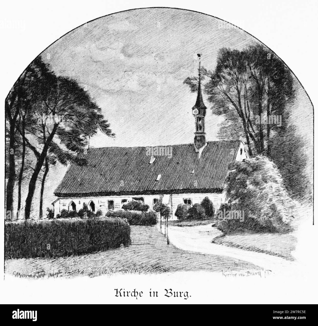 Church in the small country town of Burg, Dithmarschen, Schleswig-Holstein, Northern Germany, Central Europe, histrorical Illustration 1896 Stock Photo