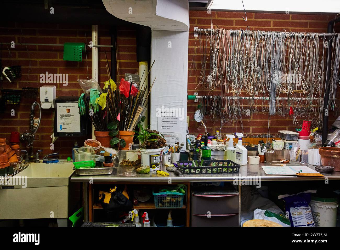 Pottery Studio Clutter with Colorful Flags and Clay Pots Stock Photo ...