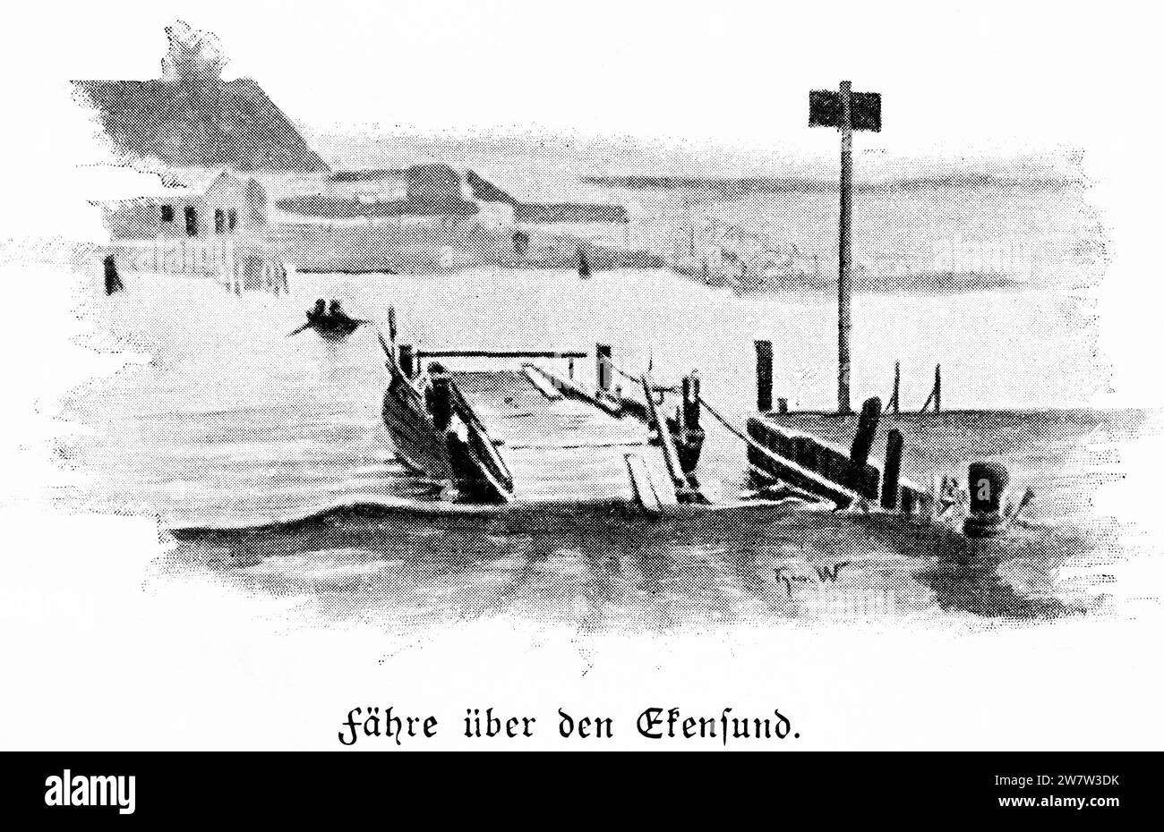 Ferry across Egernsund or Ekensund, totay Denmark,  on the Flensburg Fjord, Schleswig-Holstein, Northern Germany, histrorical Illustration 1896 Stock Photo