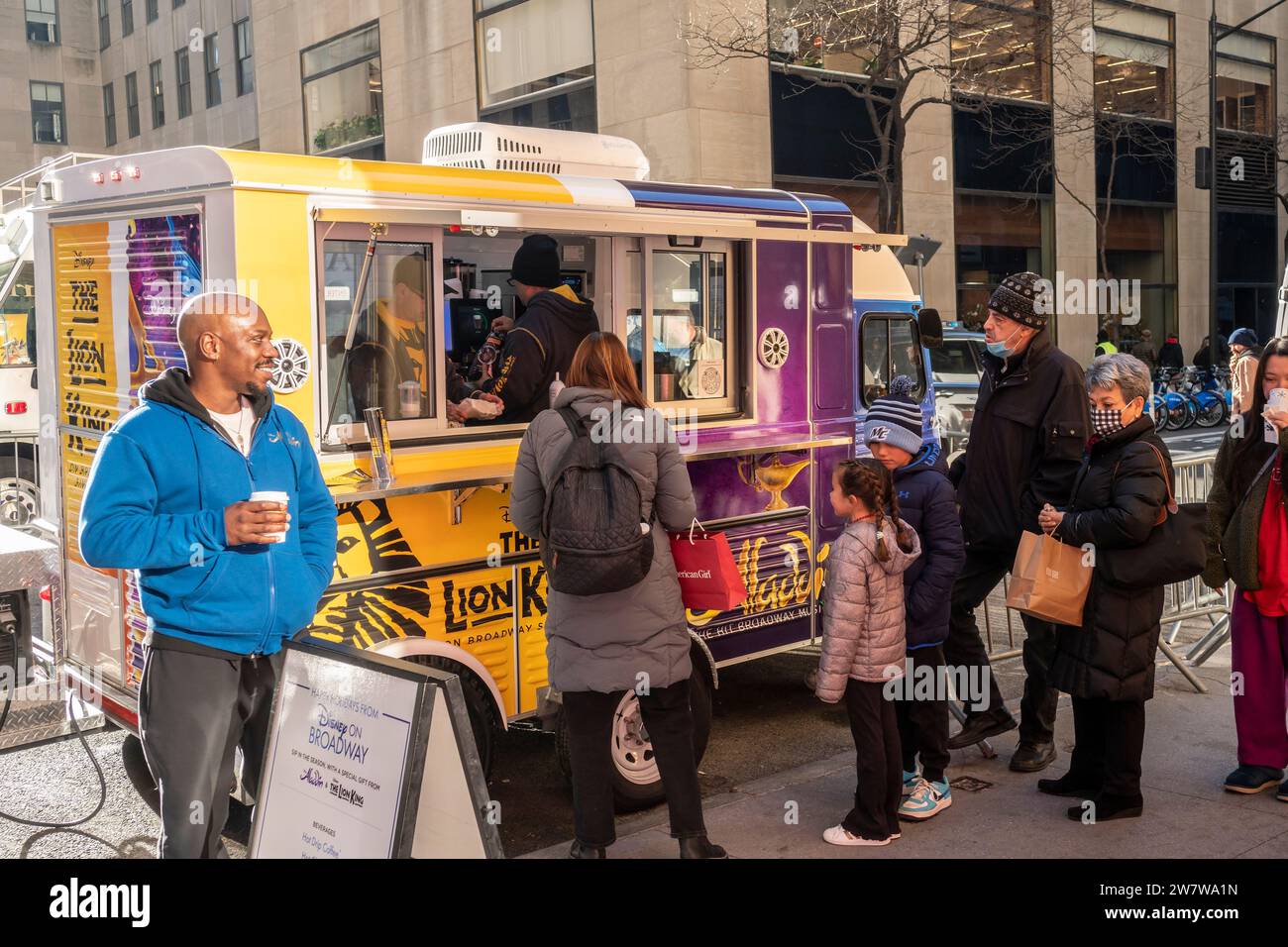 A repurposed Citron truck serves free coffee drinks to passer-by courtesy of the Walt Disney Co., a brand activation for Disney on Broadway, seen on Wednesday, December 20, 2023. (©ÊRichard B. Levine) Stock Photo