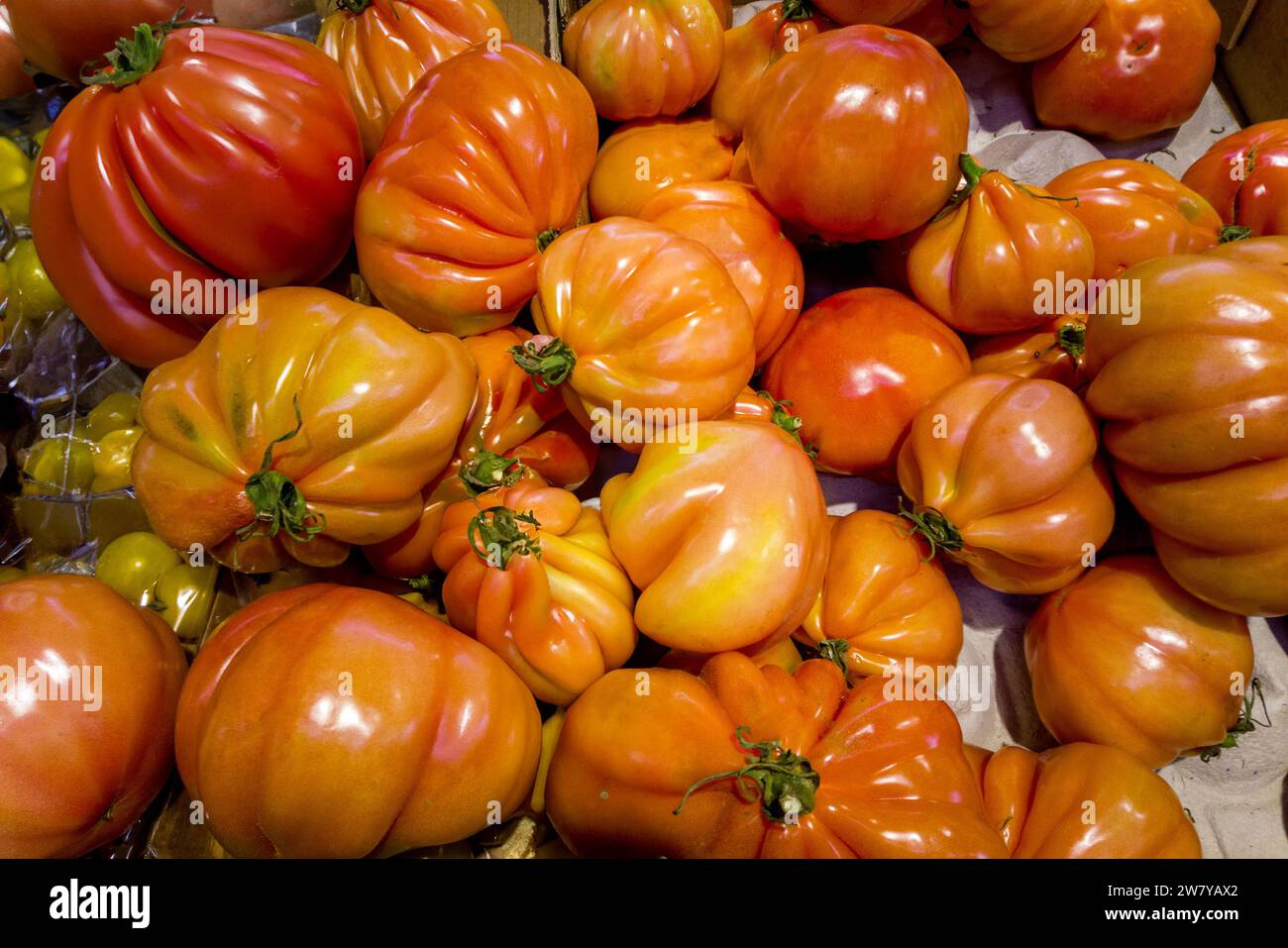 Oxheart tomatoes in top view in box Stock Photo