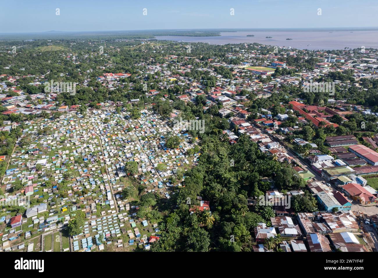 Aerial panoram view on Bluefields town in Nicaragua next to cemetery Stock Photo