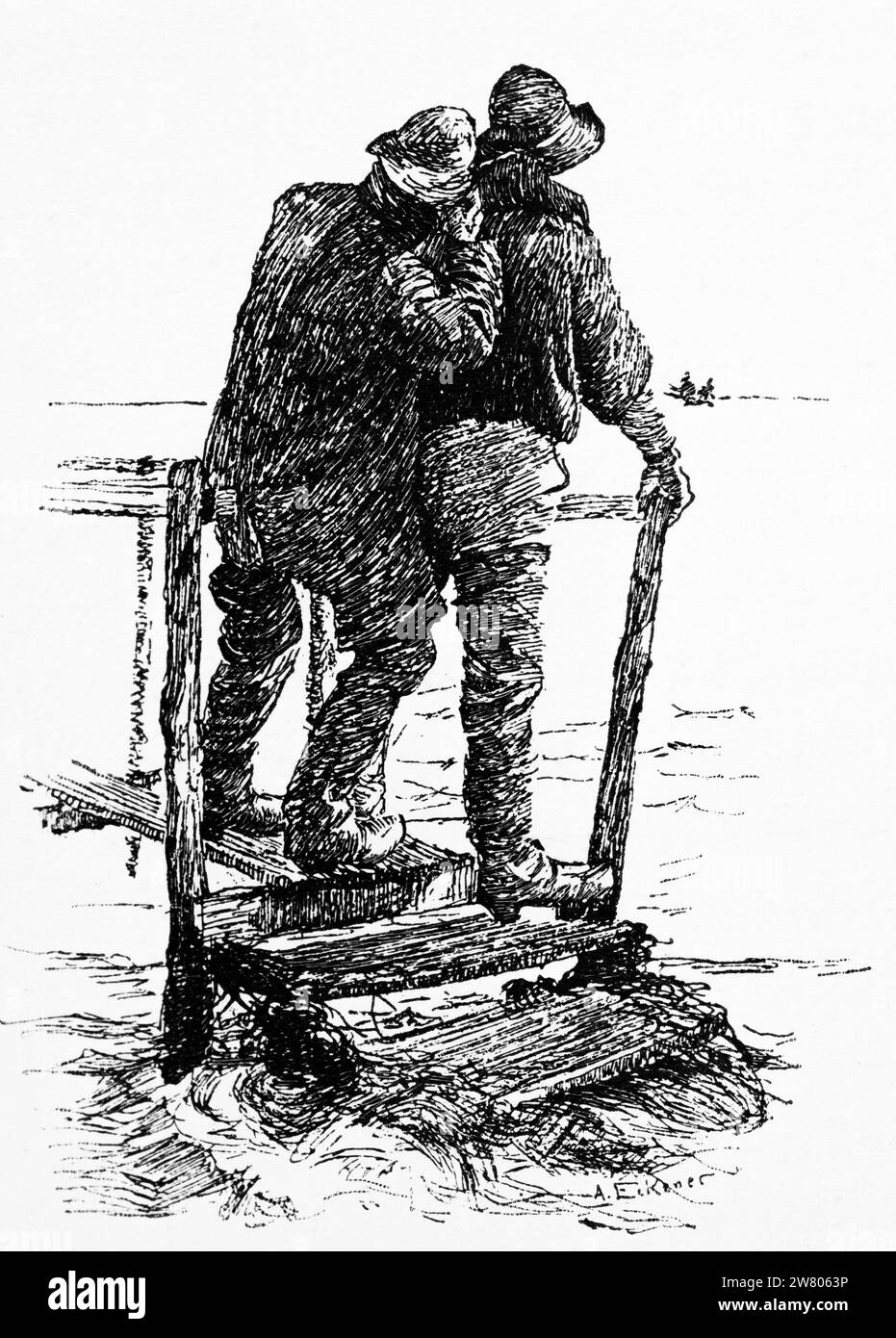 Two seamen standing on a pier watching the sea, Schleswig-Holstein, Northern Germany, histrorical Illustration 1896 Stock Photo