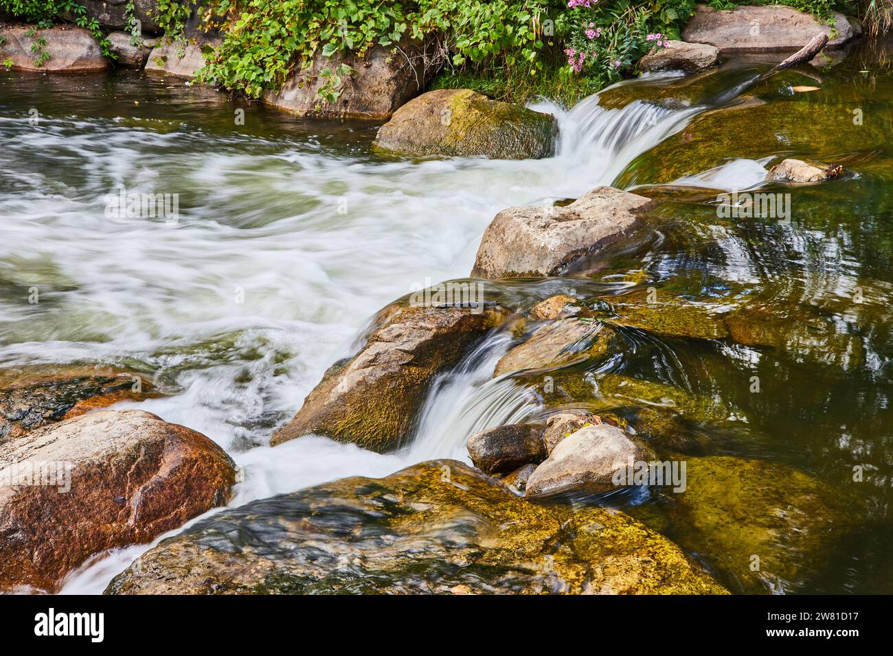 Tranquil Waterfall in Lush Forest - Eye Level View Stock Photo