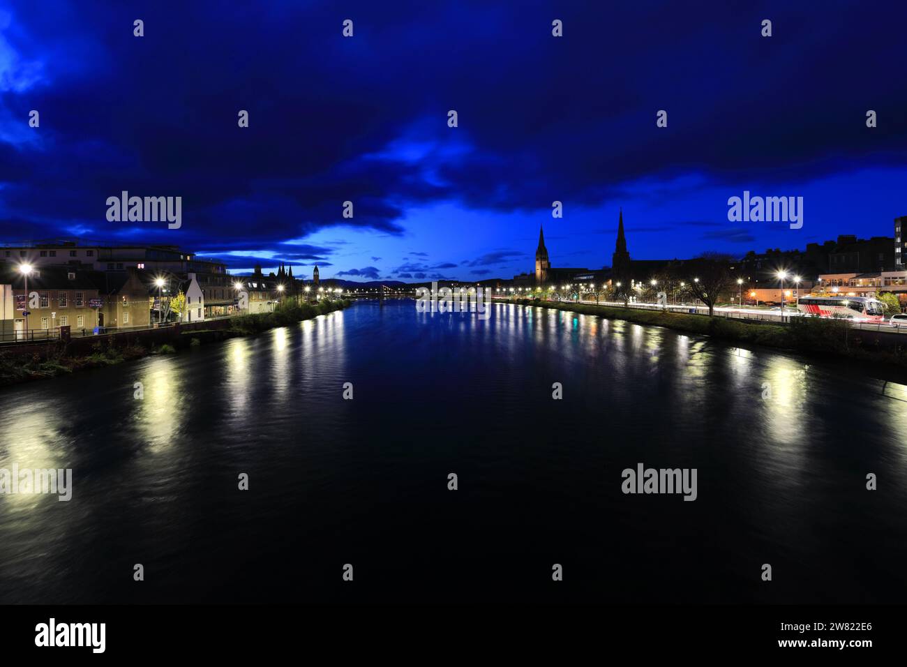 Night View Along The River Ness In Inverness City Scotland UK Stock 