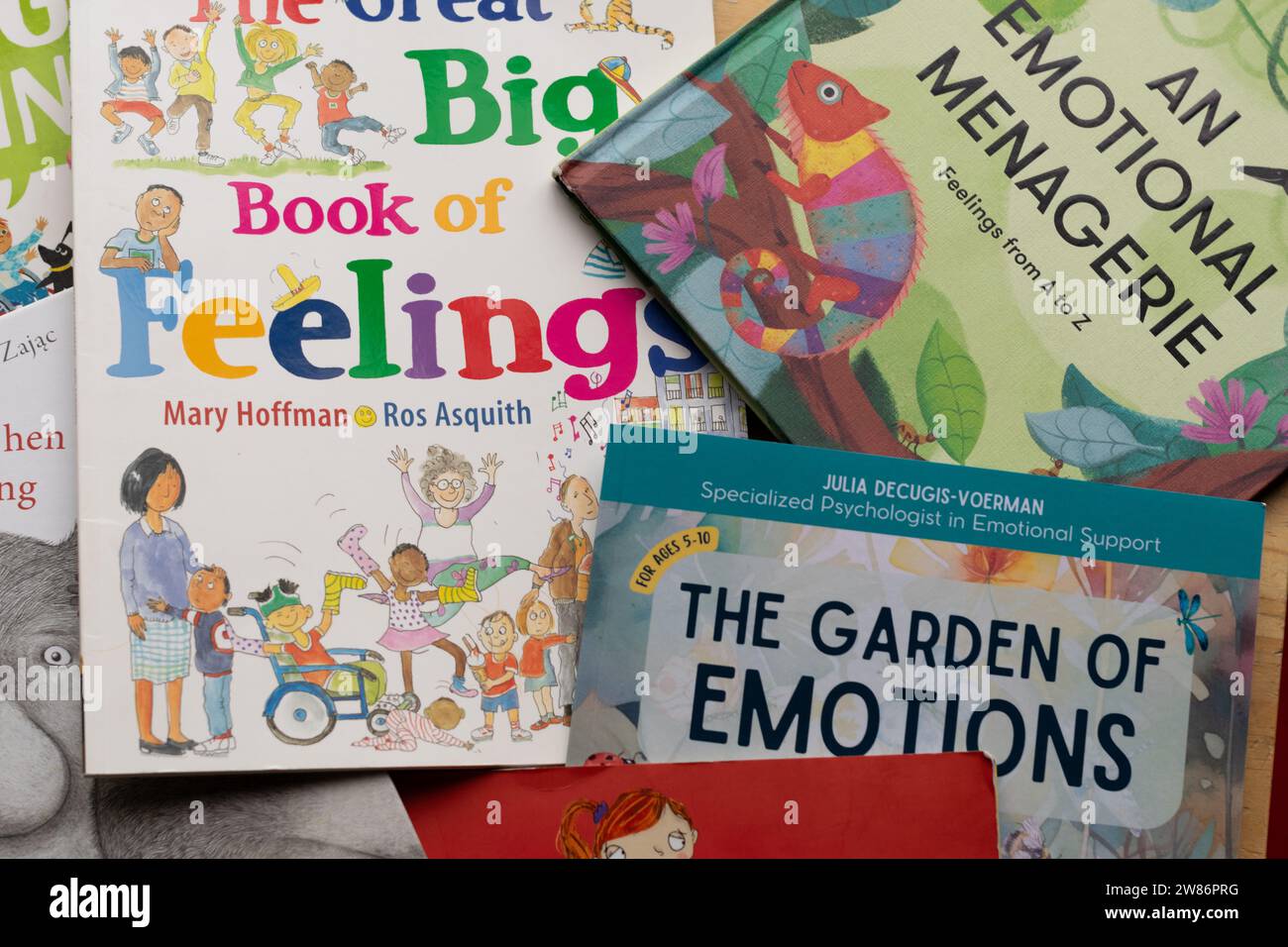 A collection of children's books about emotion and feelings. Including The Great Big Book of Feelings, Mary Hoffman. Stock Photo