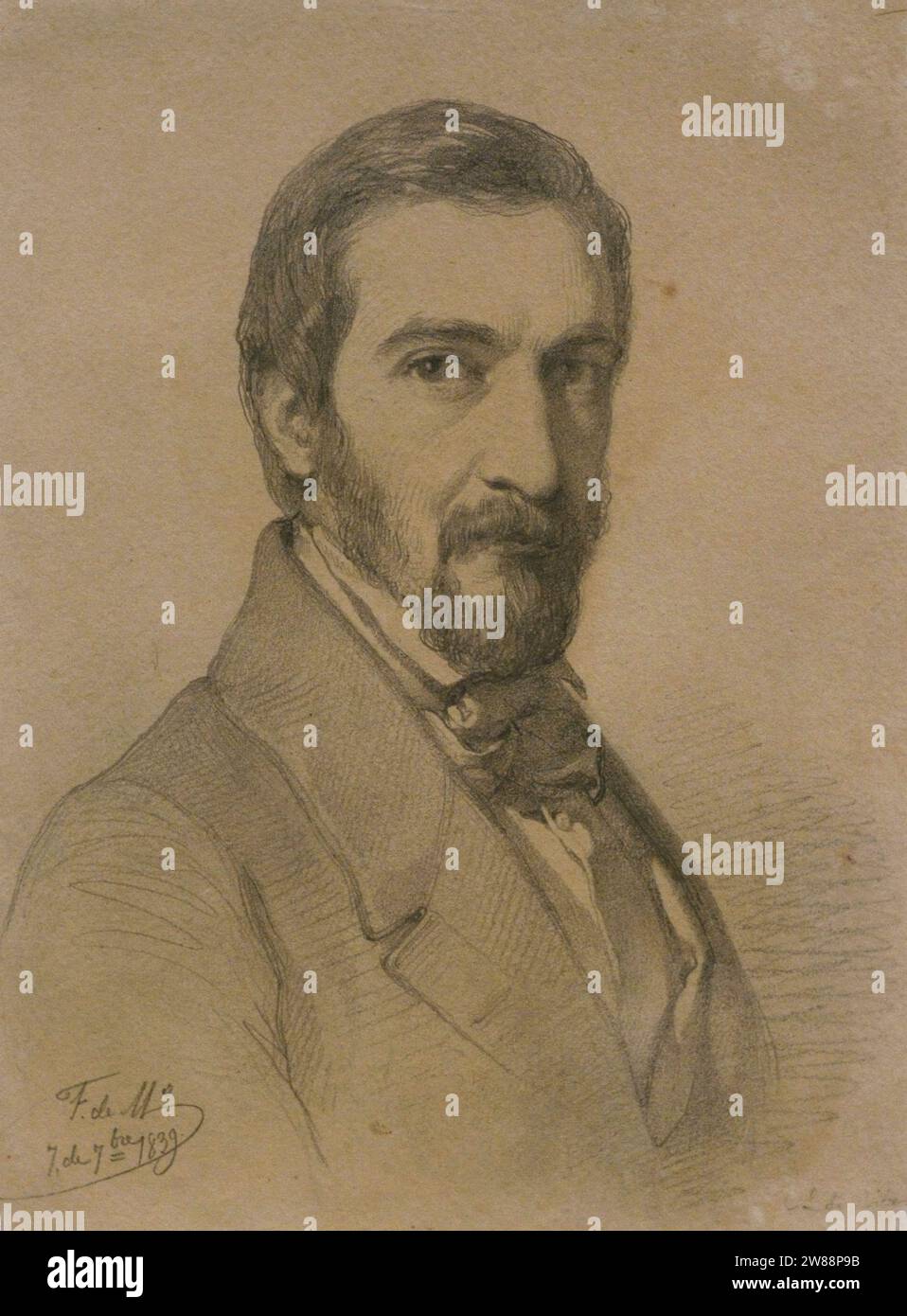 Carlos Luis de Ribera (1815-1891). Spanish painter. Portrait by Federico de Madrazo (1815-1894), 1839. Pencil on agarbanced paper, 215 x 165 mm. Prado Museum. Madrid. Spain. Stock Photo