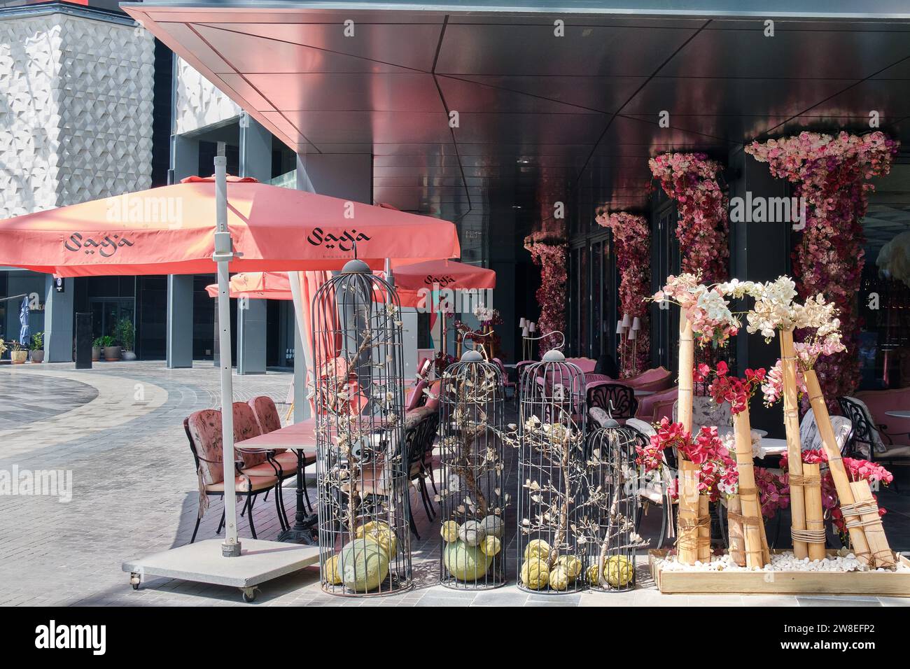 Beautiful flower arrangements restaurant front in City Walk promenade