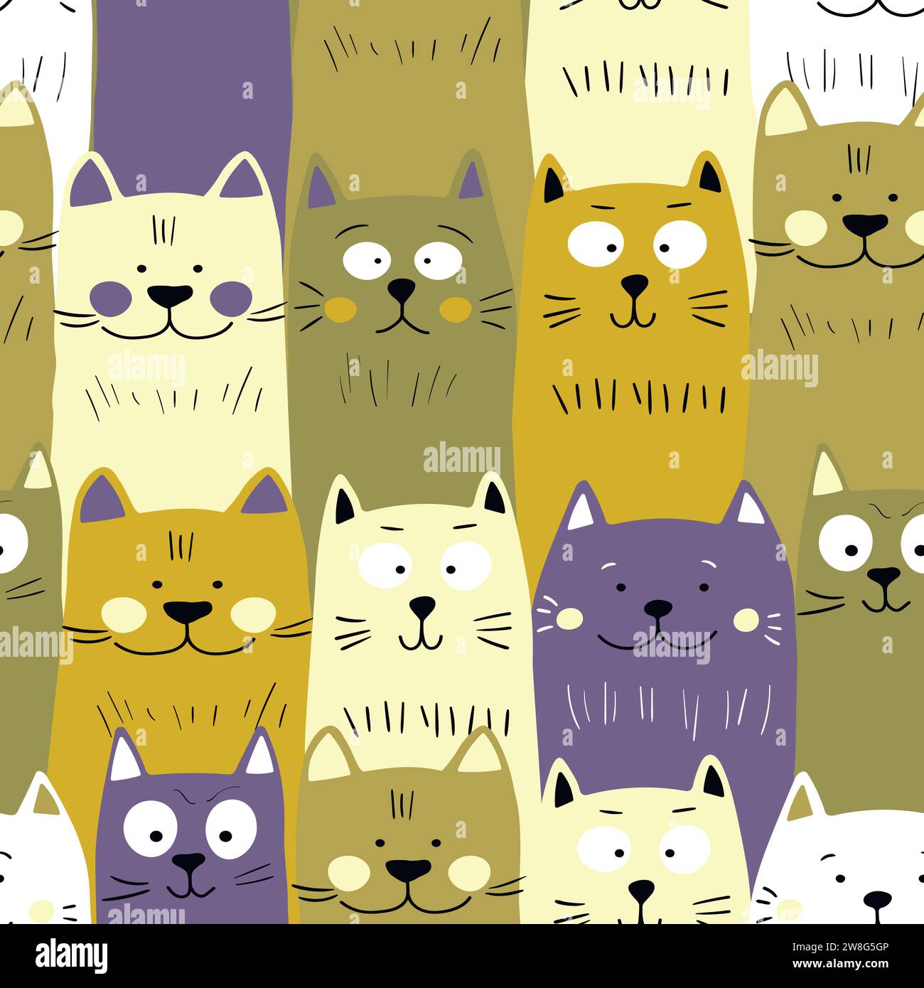 Seamless pattern with cute kitten print. Different scandy cats on color ...