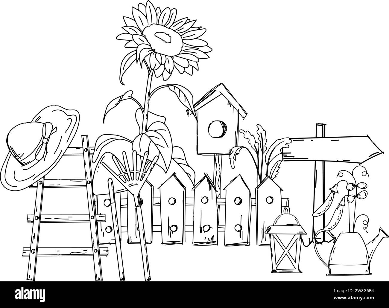Hand-Drawn Coloring Page For Kids Featuring A Ladder, Hat, And Pots