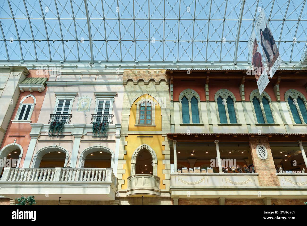 The beautiful pastel coloured walls of the Italian styled Mercato Shopping Mall in Dubai, UAE