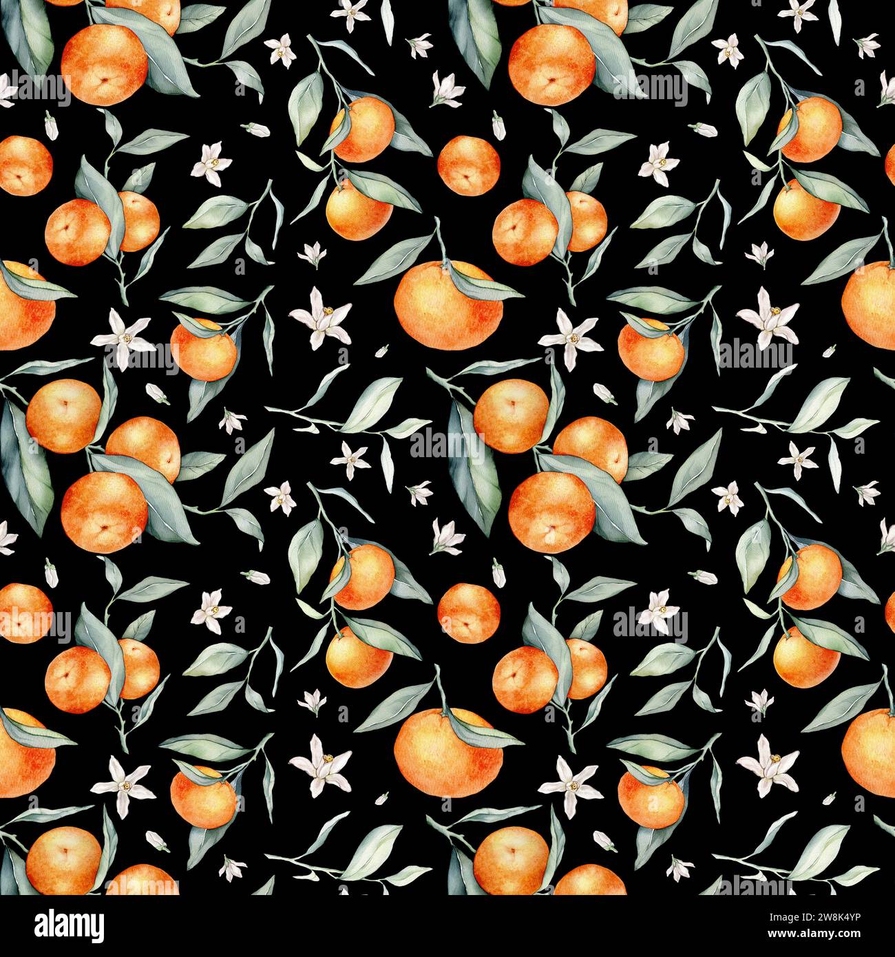 Seamless Pattern with Orange Fruit Branches, green leaves and white ...