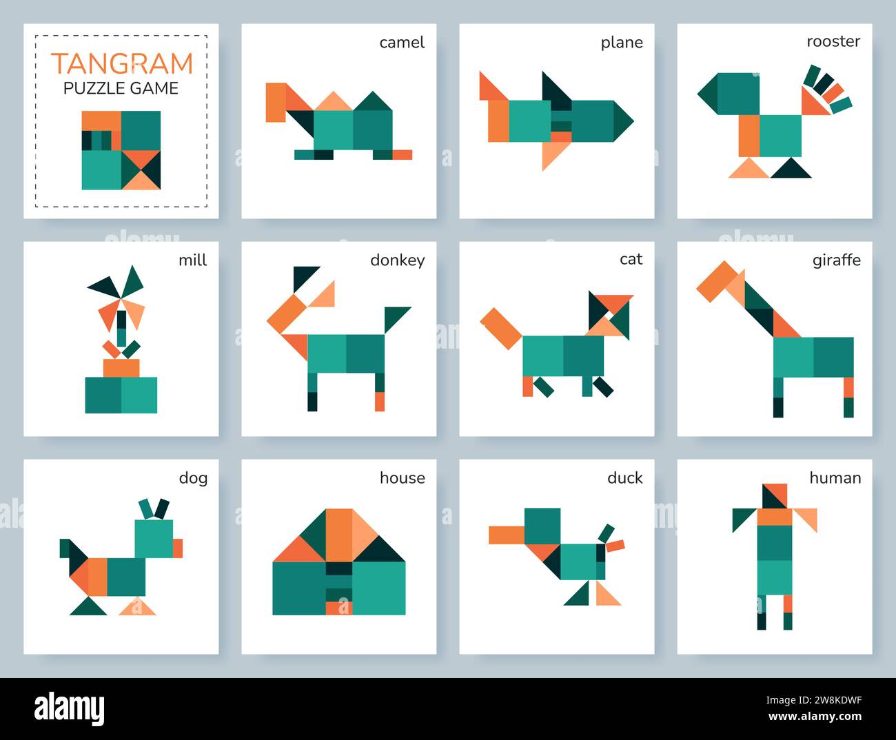 Tangram Mongolian puzzle game. Vector set with various objects. Stock Vector
