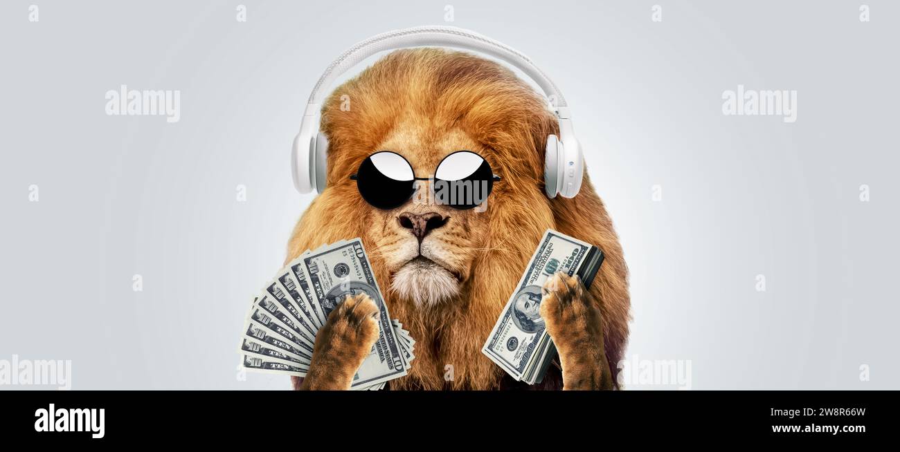 Funny Hipster Lion Boss With Fashion Sunglasses And Headphones Holds Money Dollars In His Paws On A Gray Background. Success And Business, Creative Id Stock Photo