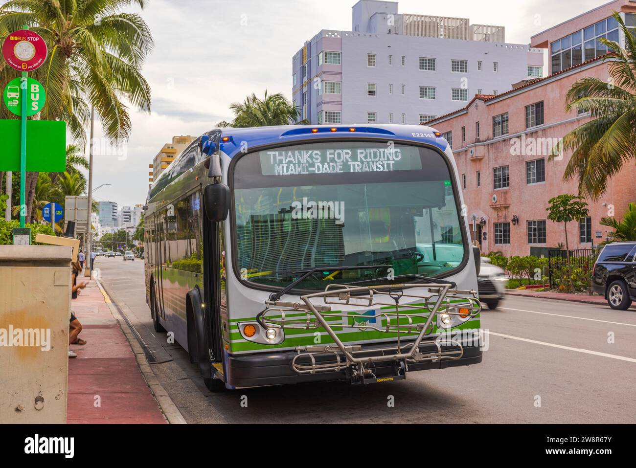 Closeup view of a MiamiDade bus at a roadside stop in Miami Beach