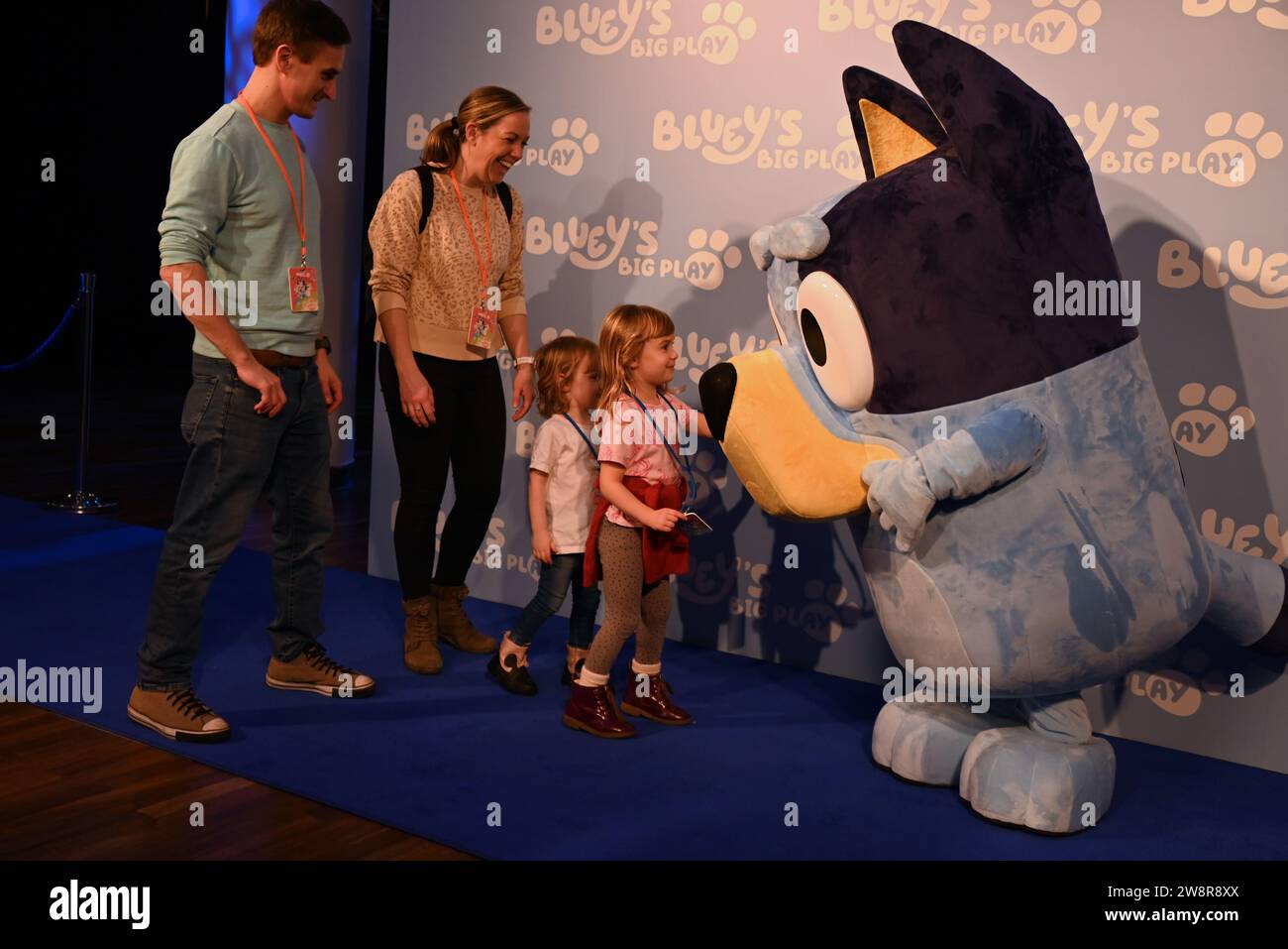 Guests .On Thursday 21 st December celebrities and their families gathered at the Royal Festival Hall in London for a gala performance of Bluey's Big Play , a brand - new theatrical adaptation of the BAFTA & Emmy award-winning children's television series Bluey . produced by Ludo Studion .VIP guests and proud parents who came along to see the stage show's official UK premiere included , Strictly Come Dancing stars James and Ola Jordan ,Rachel Riley and her husband Pasha Kovalev ,comedian and TV presenter Katherine Ryan , rapper Professor Green ,Westlife's Brian McFadden .JLS star turned farmer Stock Photo
