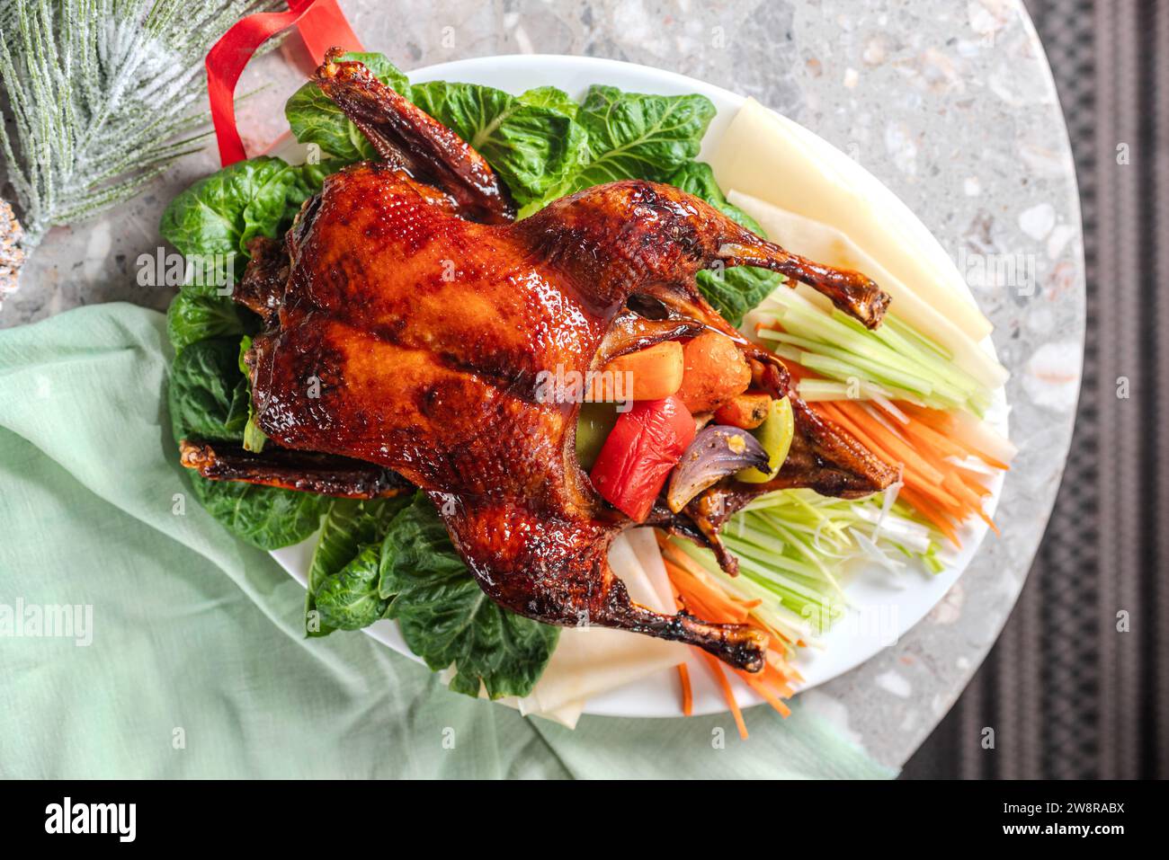 Peking duck marinated in ginger with vegetables, Hoysin sauce