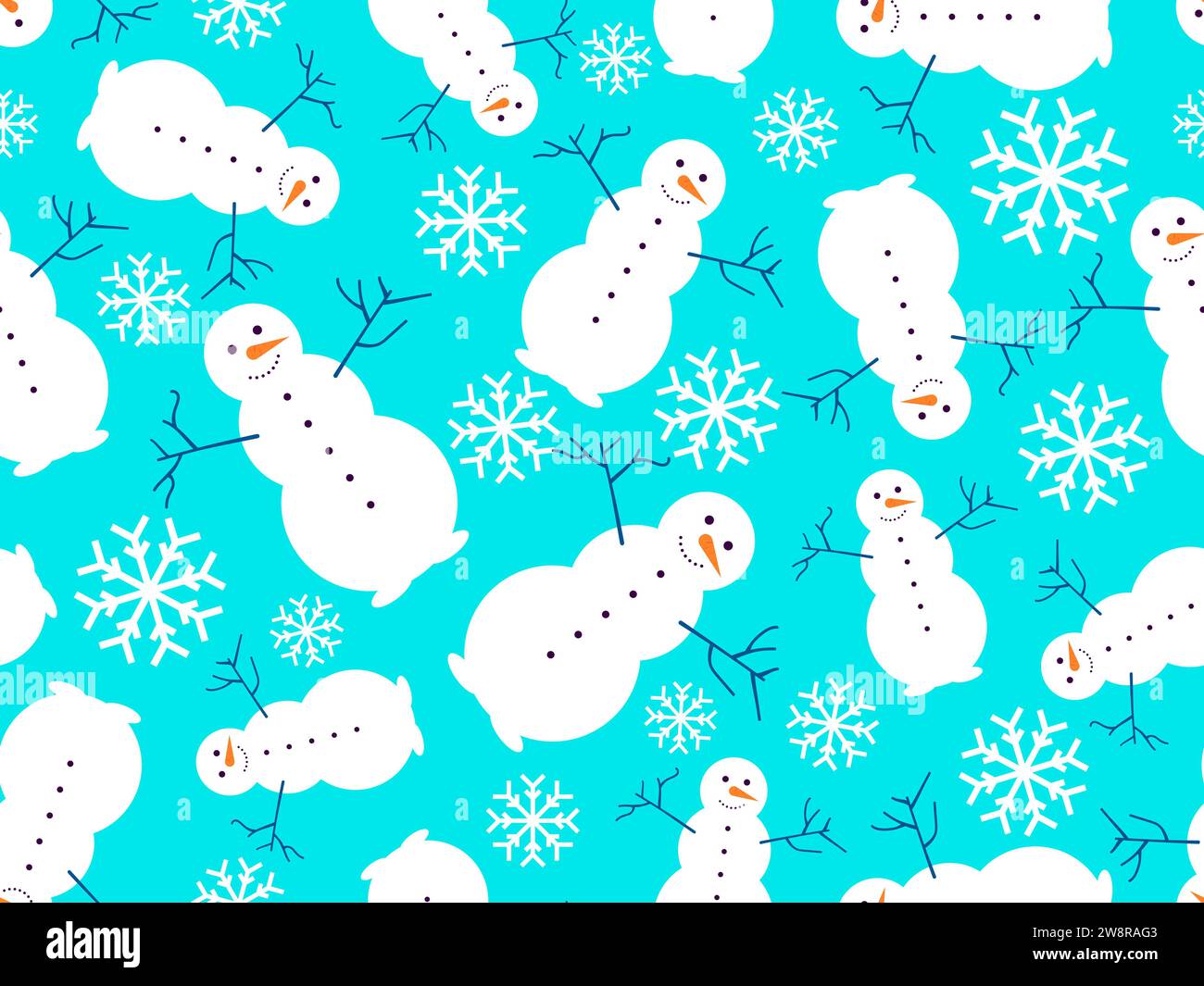 Seamless pattern with snowmen and snowflakes. Snowman with a carrot for a nose and a branch for hands. Xmas design for wrapping paper, banners and pro Stock Vector