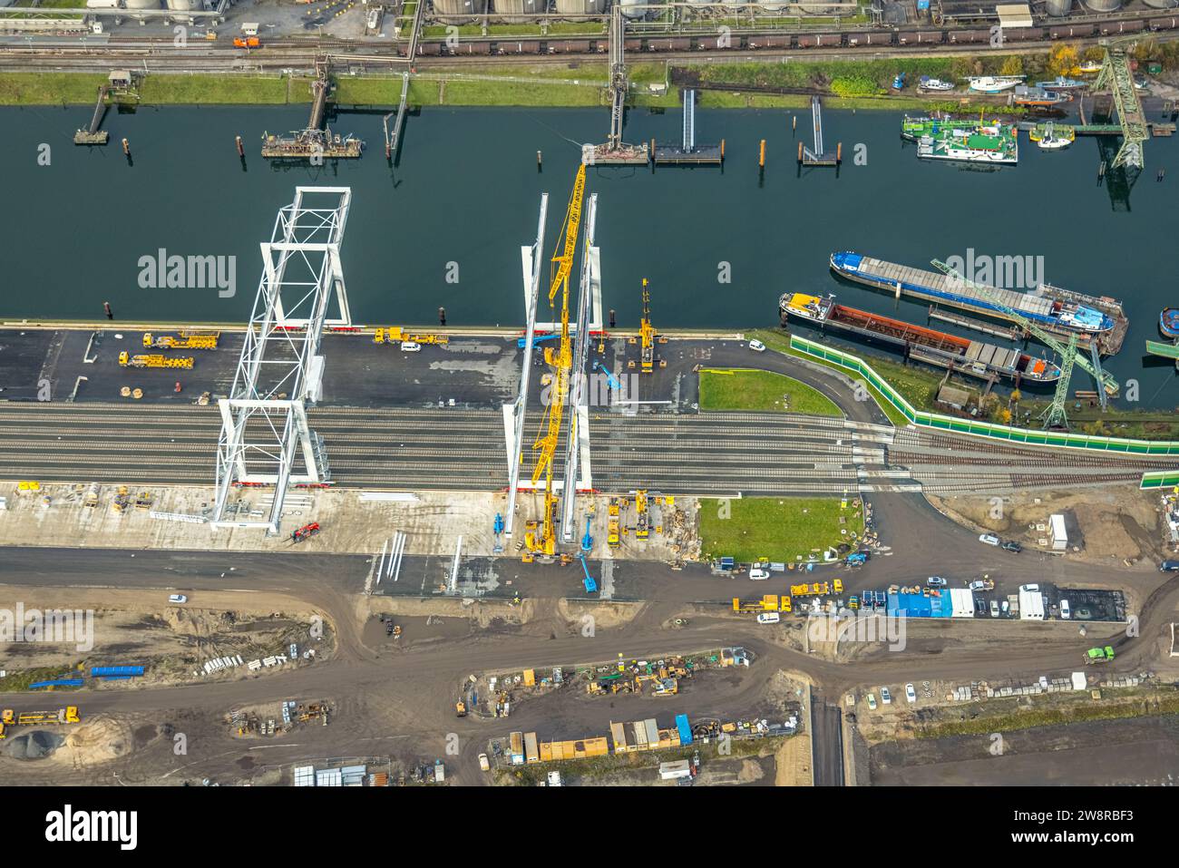 Aerial view, Duisburg port area, construction site for loading point and crane on the coal island, Ruhrort, Duisburg, Ruhr area, North Rhine-Westphali Stock Photo