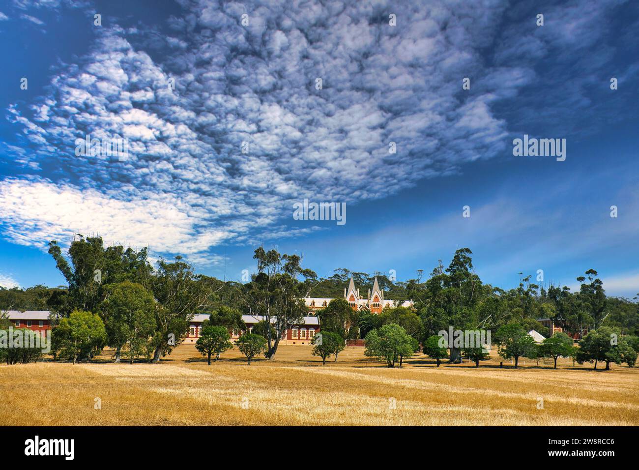 View of the monastic town of New Norcia, nestled between trees in the Western Australian wheat belt. Stock Photo