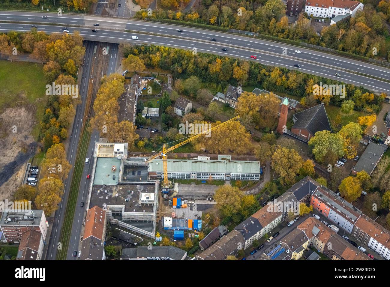 Aerial view, construction site and construction crane at the GGS