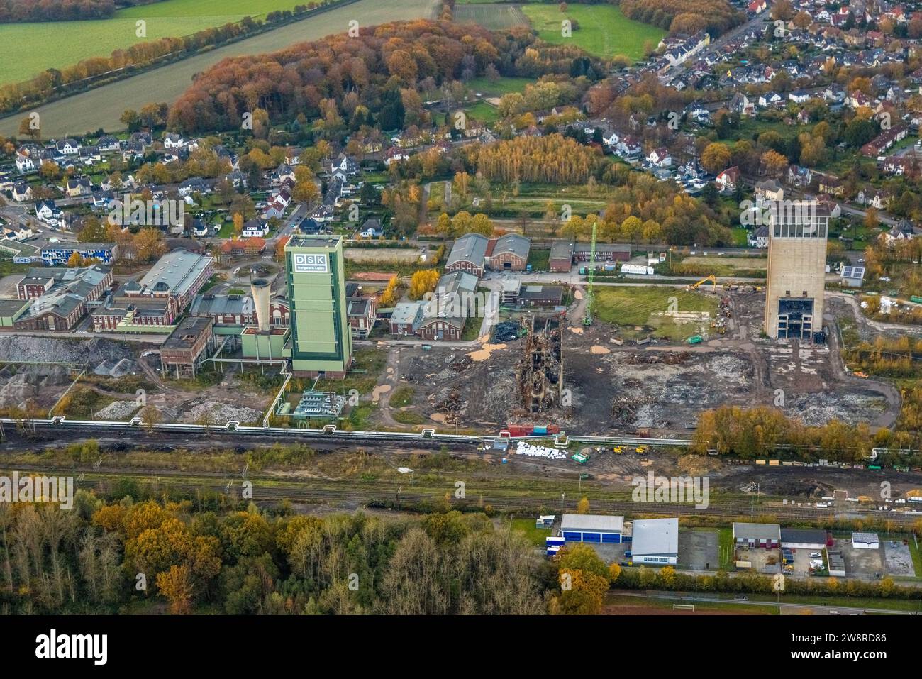 Aerial view, former DSK Lippe Westerholt mine, Egonstraße, on the city limits of Gelsenkirchen, surrounded by autumnal deciduous trees, Hassel, Gelsen Stock Photo