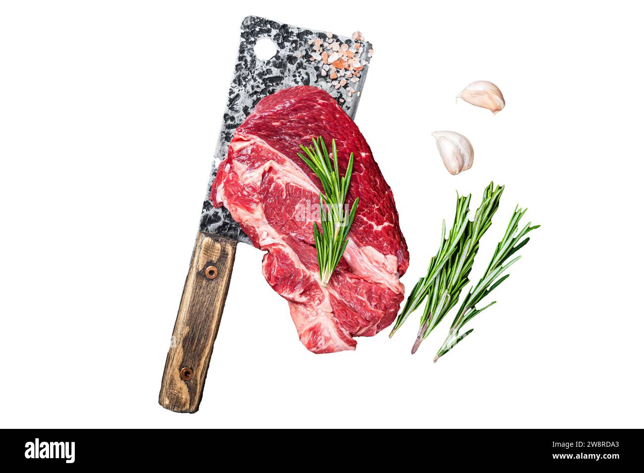 Raw Chuck eye roll Black Angus prime beef steak Isolated on white background, top view Stock