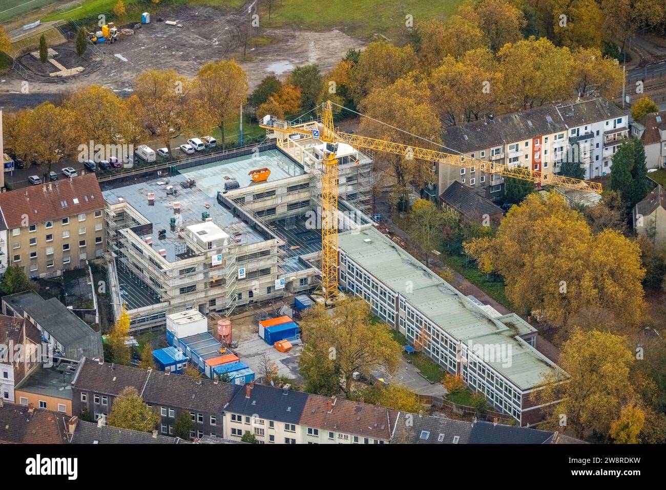 Aerial view, construction site with construction containers and new