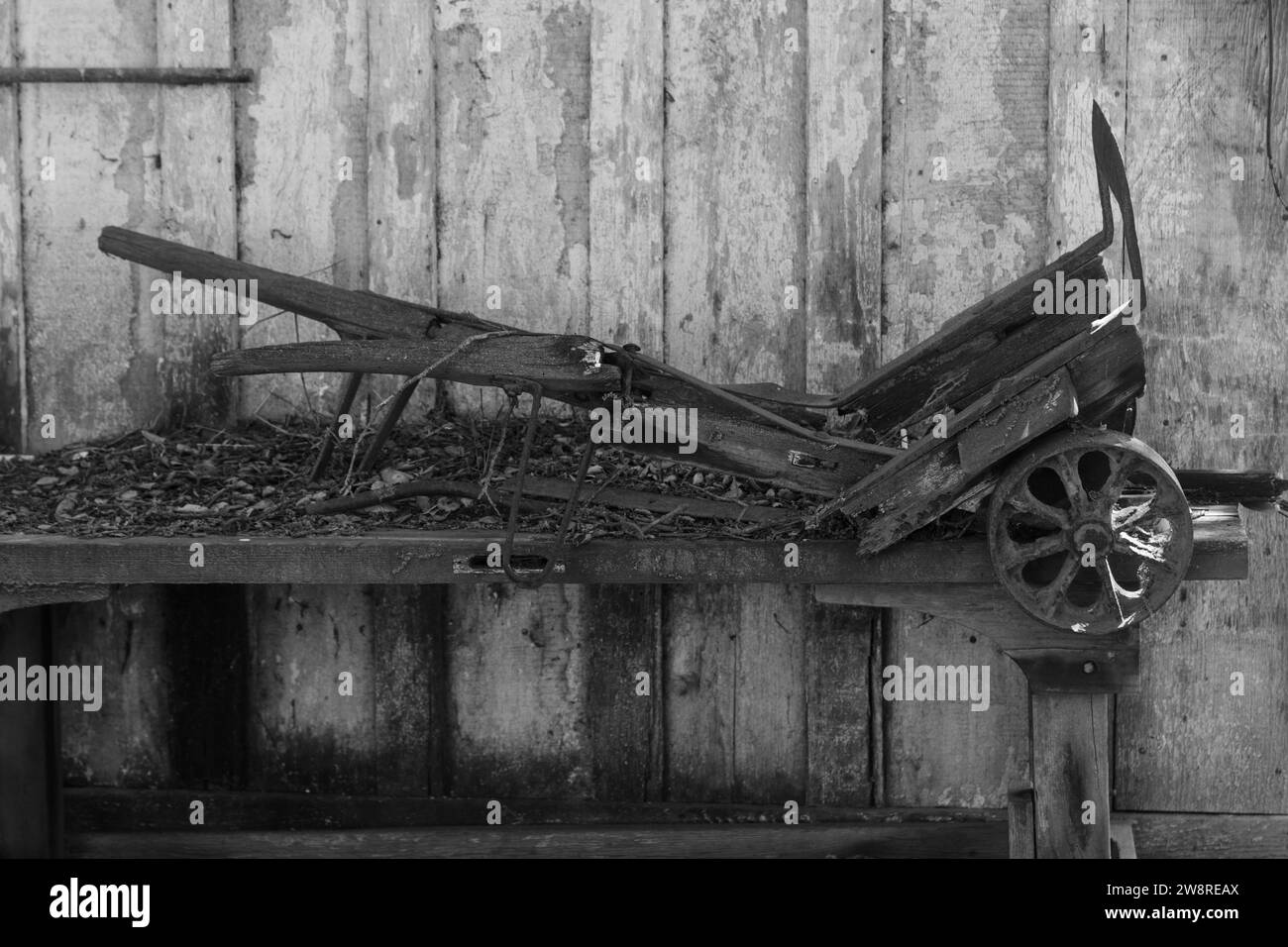 Old wheel cart at a farm in the Salinas Valley of Califorina Stock