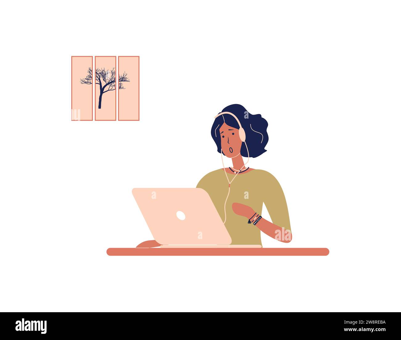 Girl tutor with headphones work on laptop.Remote work, distance learning or online training.Lady trainer or coach conduct webinar or workshop.Vector Stock Vector
