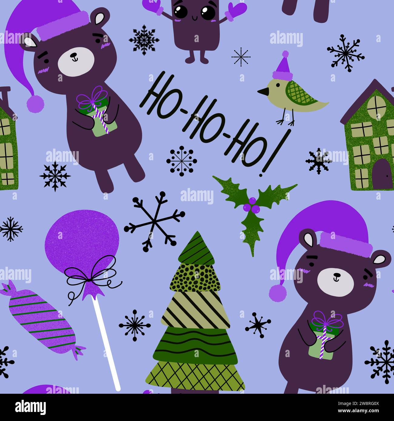 Christmas tree and animals seamless bears and candy and house and snowflakes pattern for wrapping paper and new year packaging and fabrics and Noel ac Stock Photo