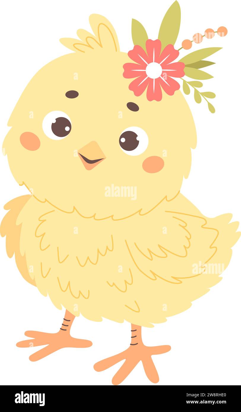 Cute little chick with flower. Vector illustration. Kids collection Stock Vector