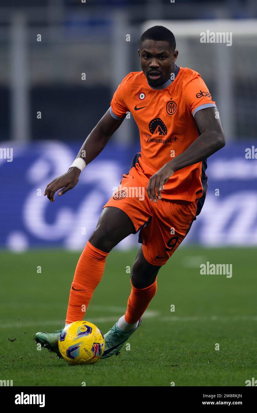 Milan, Italy. 20 December 2023. Marcus Thuram of FC Internazionale in acton during the Coppa Italia football match between FC Internazionale and Bologna FC. Credit: Nicolò Campo/Alamy Live News Stock Photo