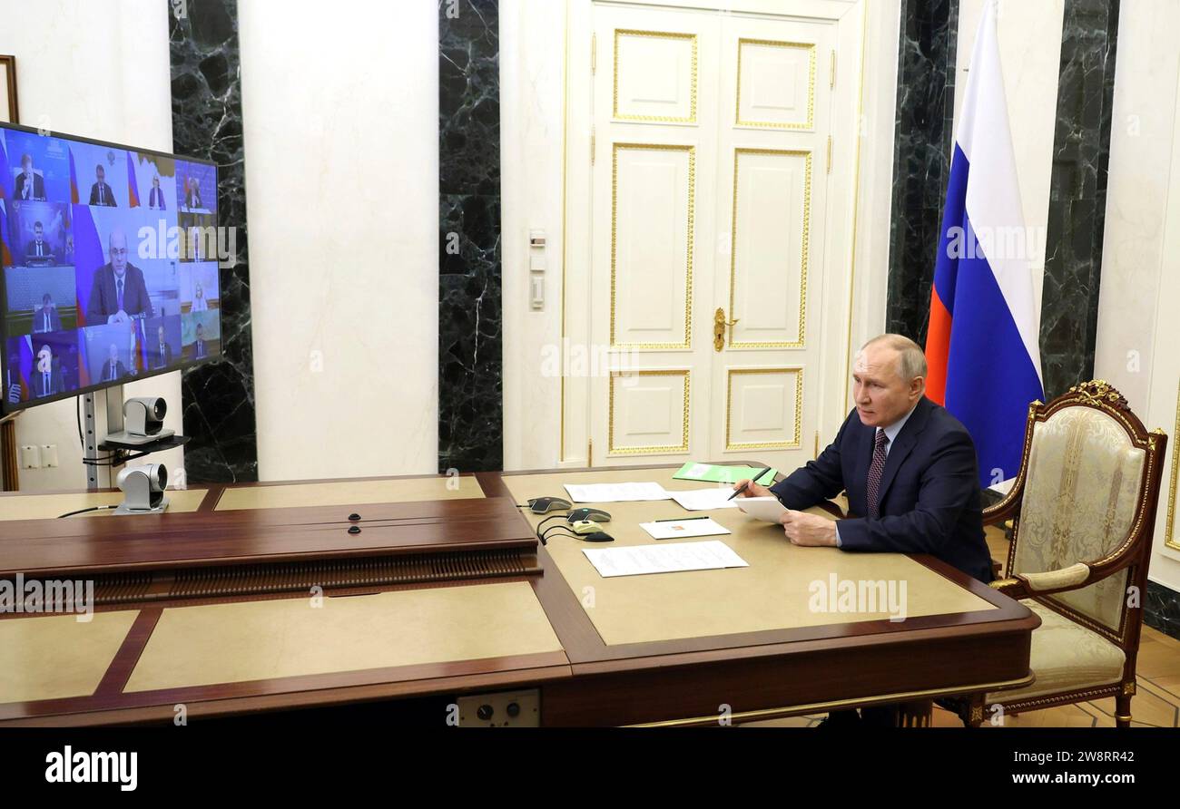 Moscow, Russia. 21st Dec, 2023. Russian President Vladimir Putin chairs a videoconference meeting of the Council for Strategic Development and National Projects from the Kremlin, December 21, 2023 in Moscow, Russia. Credit: Mikhail Klimentyev/Kremlin Pool/Alamy Live News Stock Photo