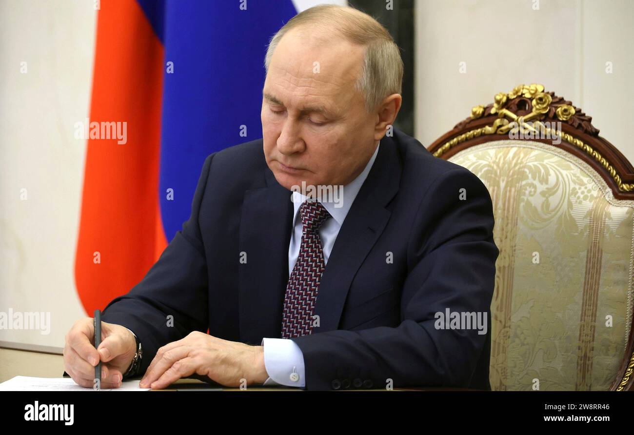 Moscow, Russia. 21st Dec, 2023. Russian President Vladimir Putin chairs a videoconference meeting of the Council for Strategic Development and National Projects from the Kremlin, December 21, 2023 in Moscow, Russia. Credit: Mikhail Klimentyev/Kremlin Pool/Alamy Live News Stock Photo