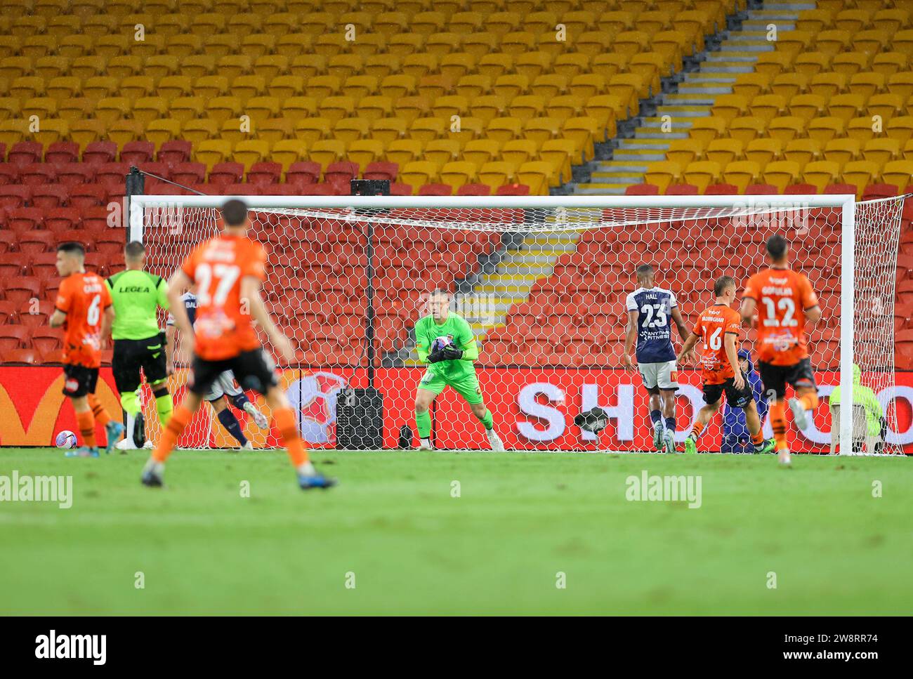 Brisbane, Australia. 21st Dec 2023. Daniel Vukovic (20 Central Coast Mariners) saves an effort