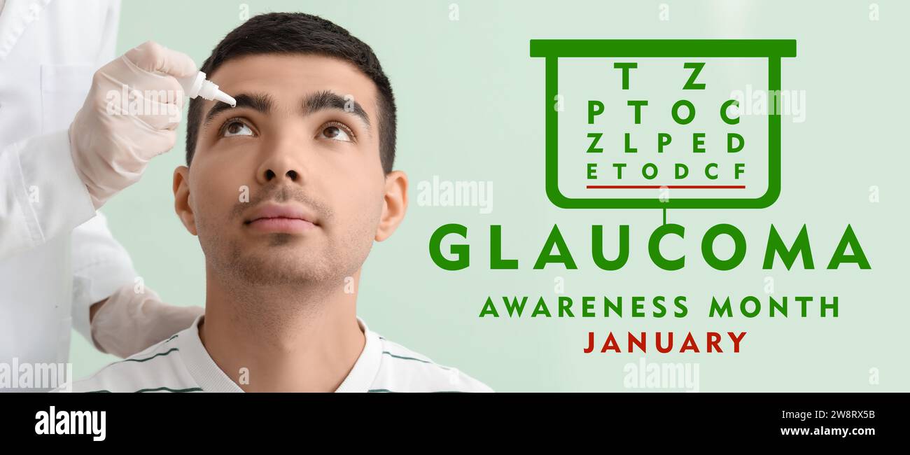 Text AWARENESS MONTH and ophthalmologist putting drops in