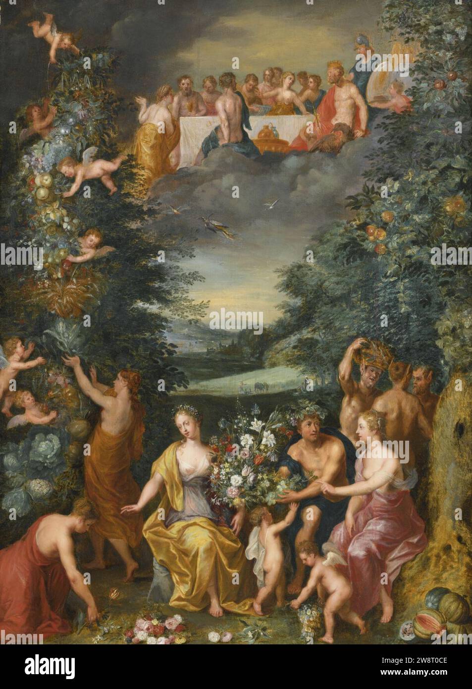 Workshop of Jan Brueghel the Younger and Workshop of Hendrik van Balen the Elder - Homage to the Goddess Flora with a Feast of the Gods. Stock Photo
