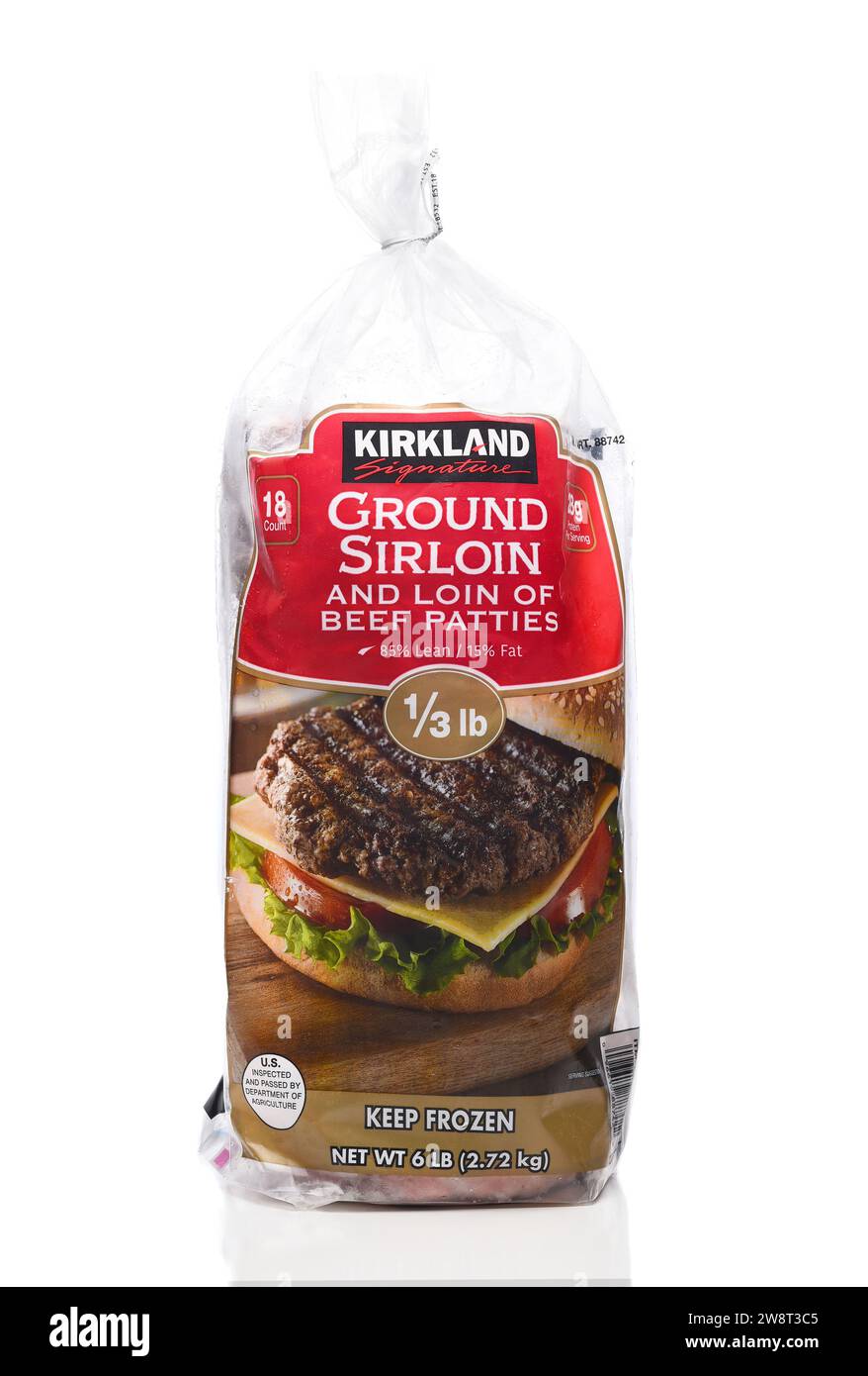 IRVINE, CALIFORNIA - 21 DEC 2023: A bag of Kirkland Signature Frozen Ground Sirloin Beef Patties. Stock Photo