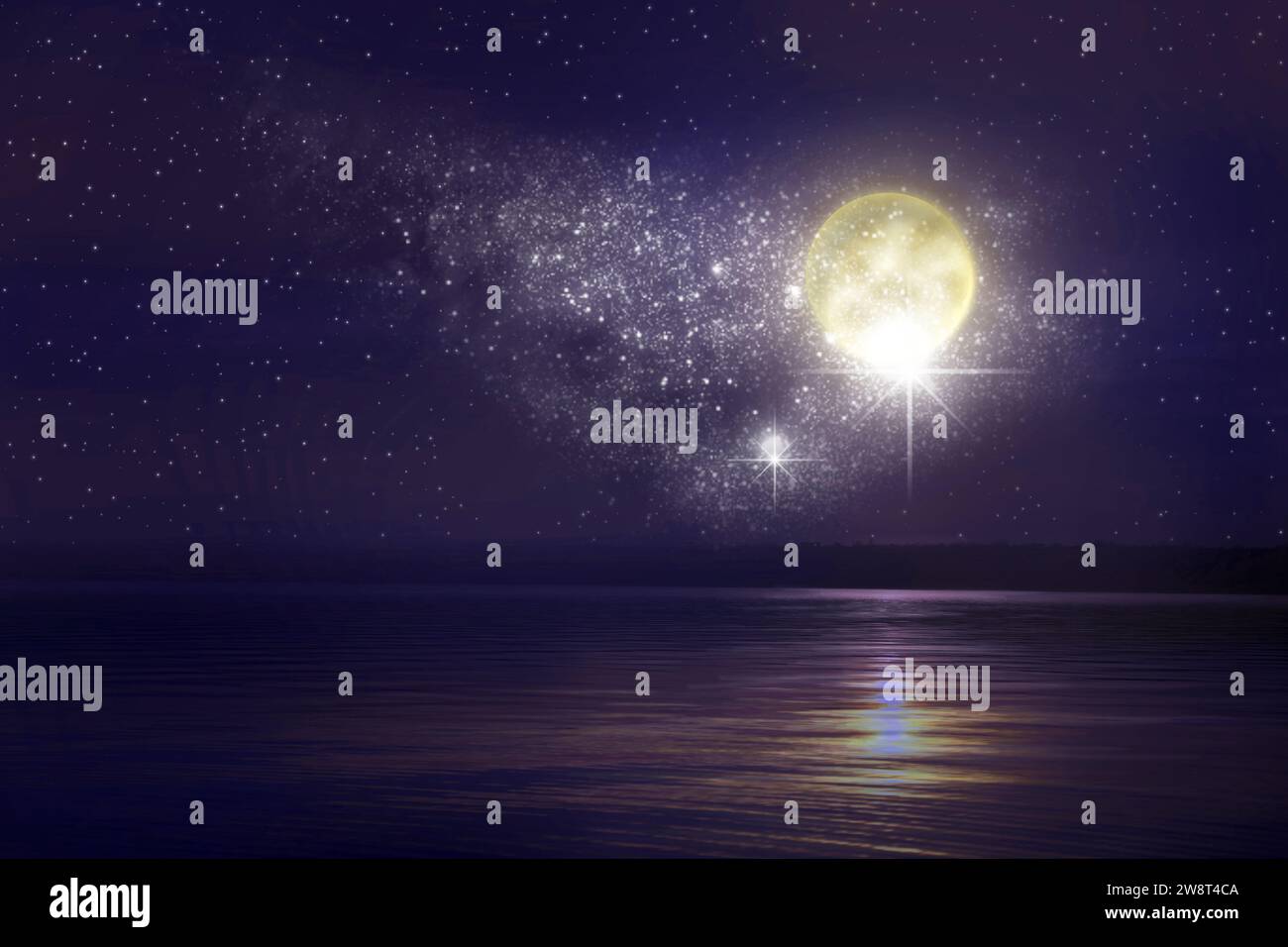 Beautiful full moon in starry sky over sea at night Stock Photo - Alamy