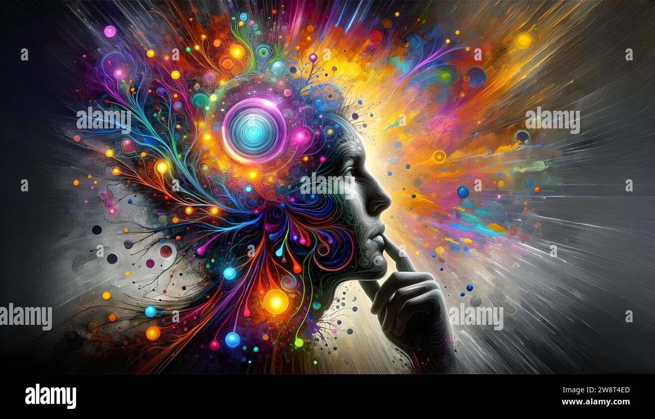 Vibrant 16/9 surreal portrait of a person in deep thought, with ...