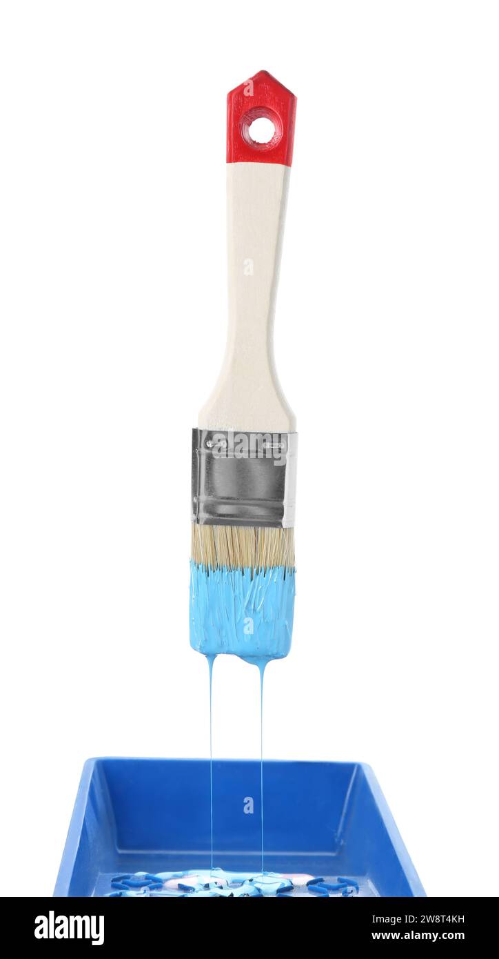 Brush with light blue paint isolated on white Stock Photo - Alamy