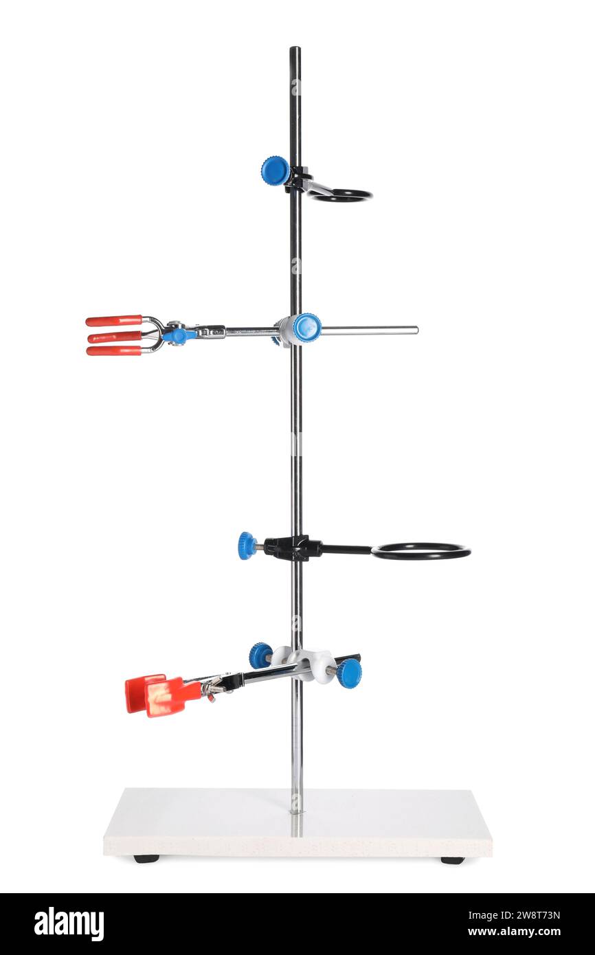 Retort stand with many clamps isolated on white Stock Photo Alamy