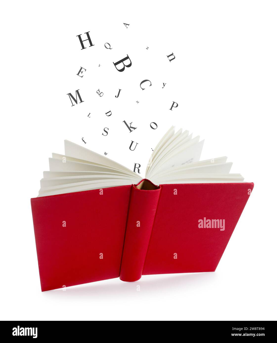 Open book in air with letters flying out of it on white background Stock Photo