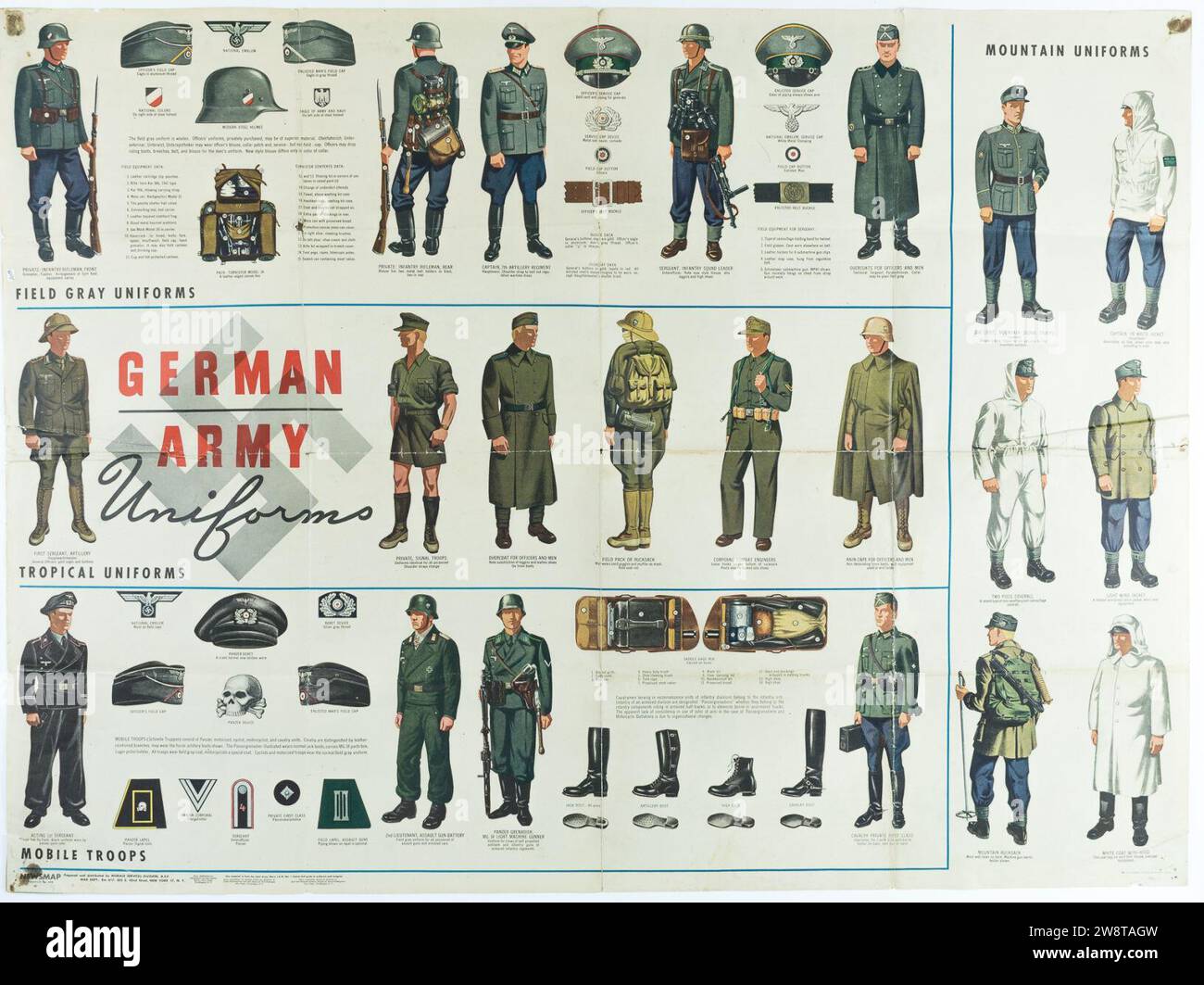 WW2 German Army Wehrmacht Uniforms Field gray Mountain Tropical Mobile troops etc US War Dept military identification poster January 1944 Stock Photo