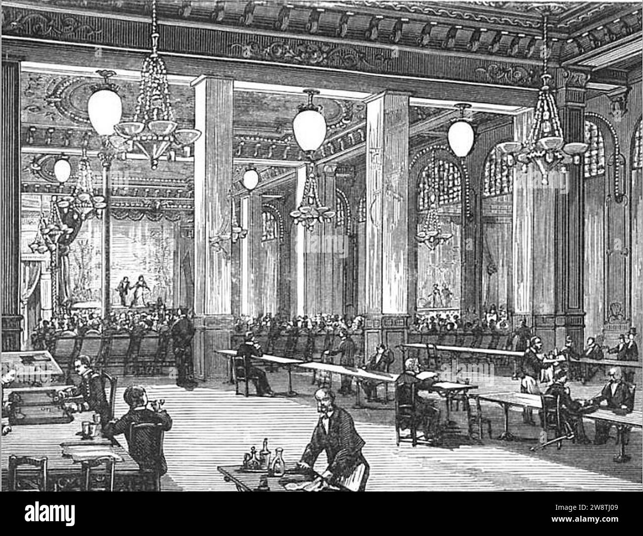 Yablochkov candles illuminating Music hall on la Place du Chateau d'eau ca 1880. Stock Photo
