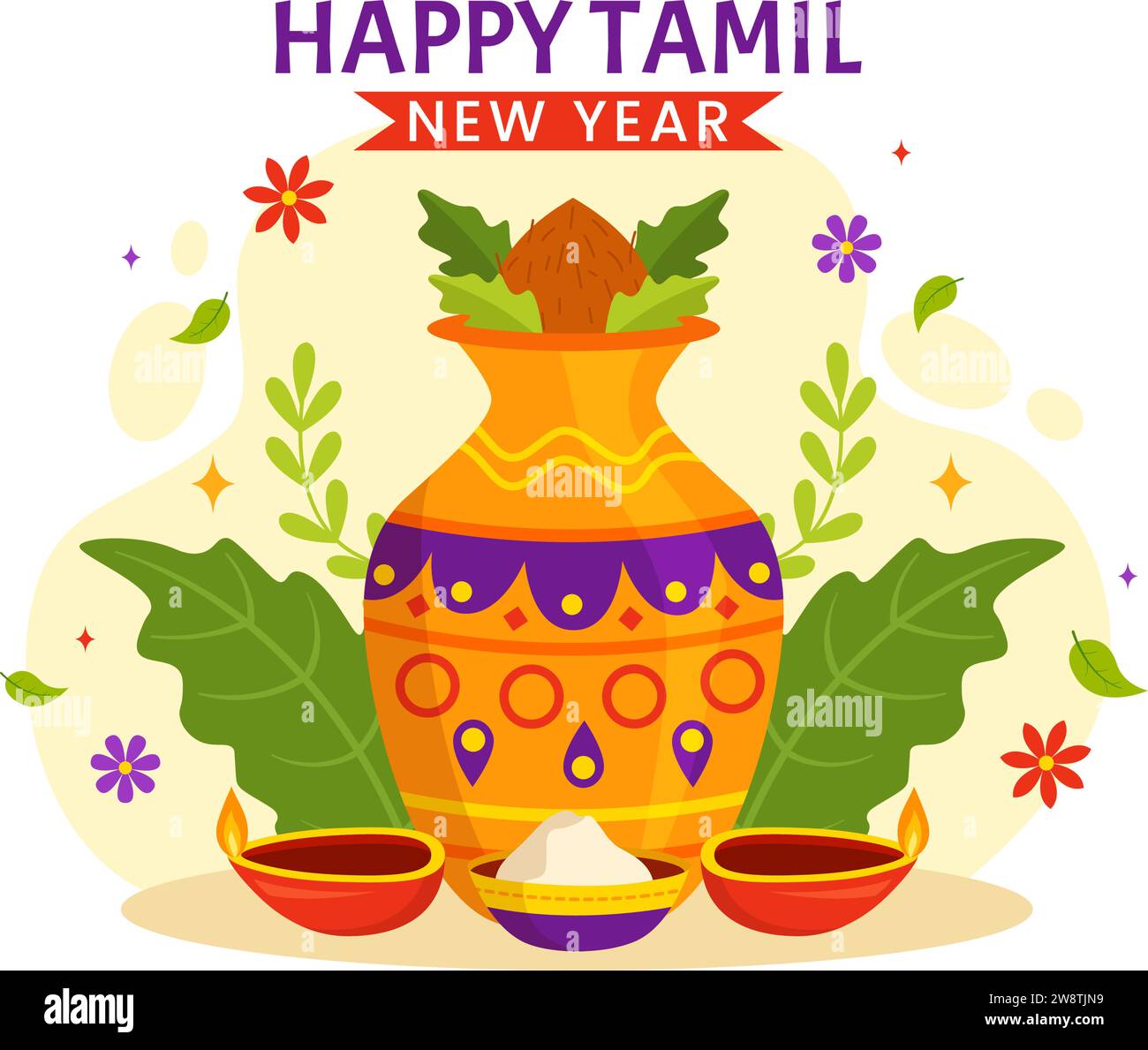 Happy Tamil New Year Vector Illustration with Vishu Flowers, Coconut