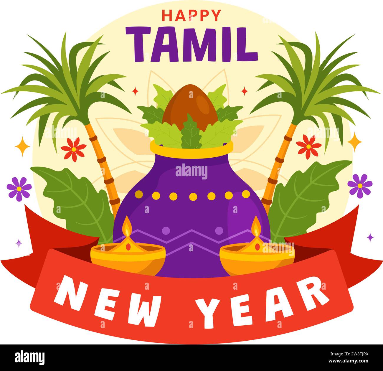Happy Tamil New Year Vector Illustration with Vishu Flowers, Coconut