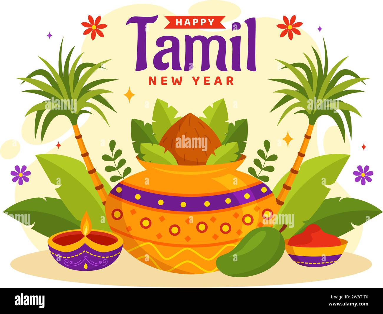 Happy Tamil New Year Vector Illustration with Vishu Flowers, Coconut