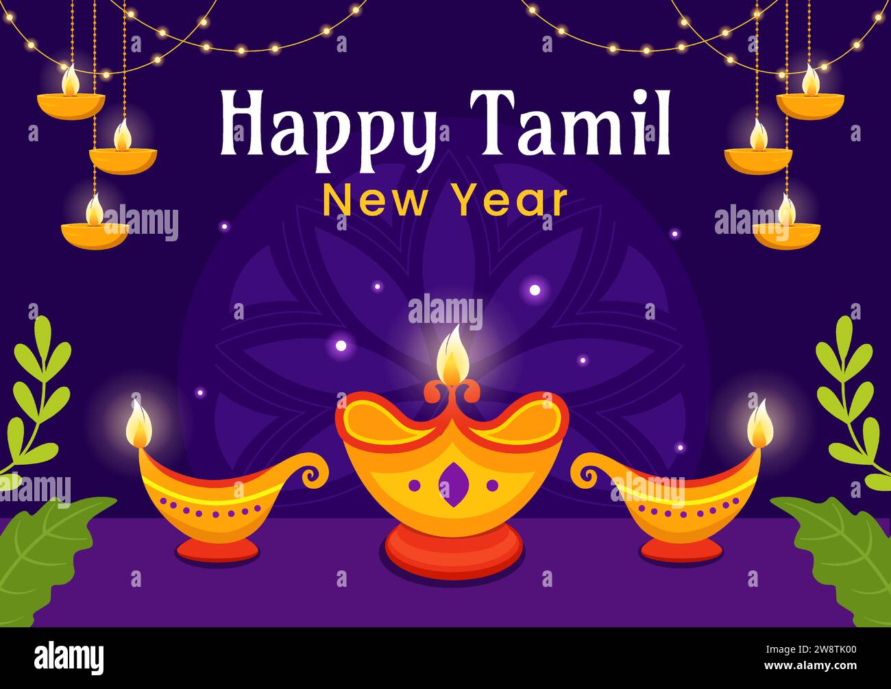 Happy Tamil New Year Vector Illustration with Vishu Flowers, Coconut
